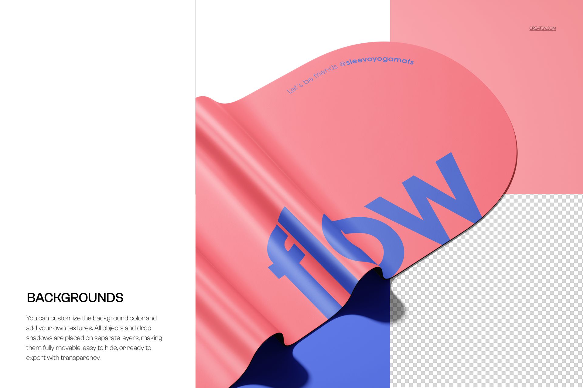 Folded PU oval yoga mat mockup featuring pink and blue tones and large lettering, displayed from a top view.