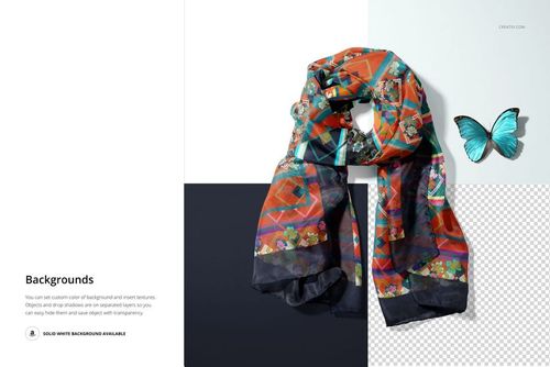 Rectangular habotai silk scarf mockup displayed in a loose fold, featuring vibrant geometric and floral patterns.