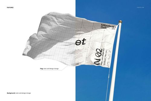 Waving flag mockup with grid and text design, shown on a white and blue split background, front angle view.