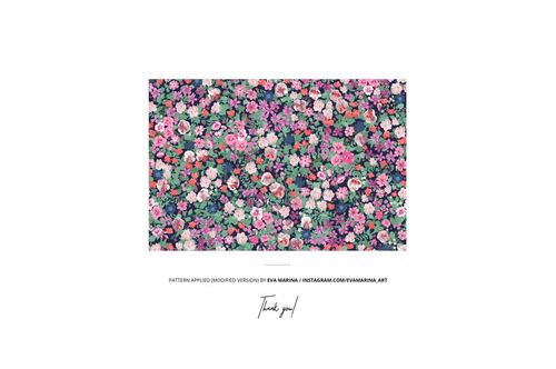 Rectangular mockup featuring a dense floral pattern with pink, white, and coral flowers on a dark background.