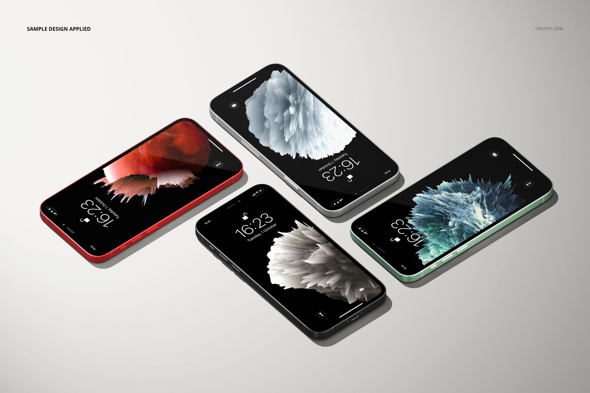 iPhone 12 mockup set with four phones in black, red, and green, each screen displaying abstract art from a top view.