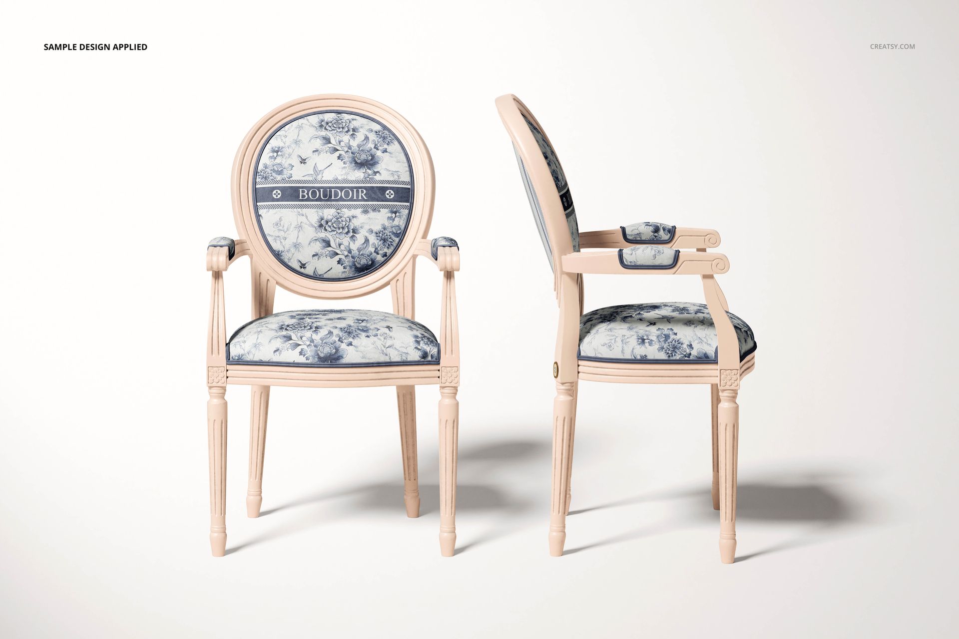Mockup of classic medallion back armchairs with carved legs and blue decorative upholstery, shown from two angles.