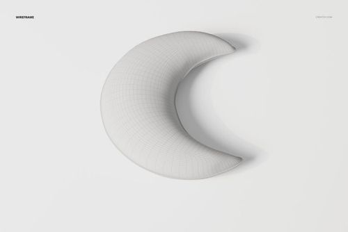 Crescent moon shaped pillow in light gray, shown from a top view on a white background with visible wireframe mesh.