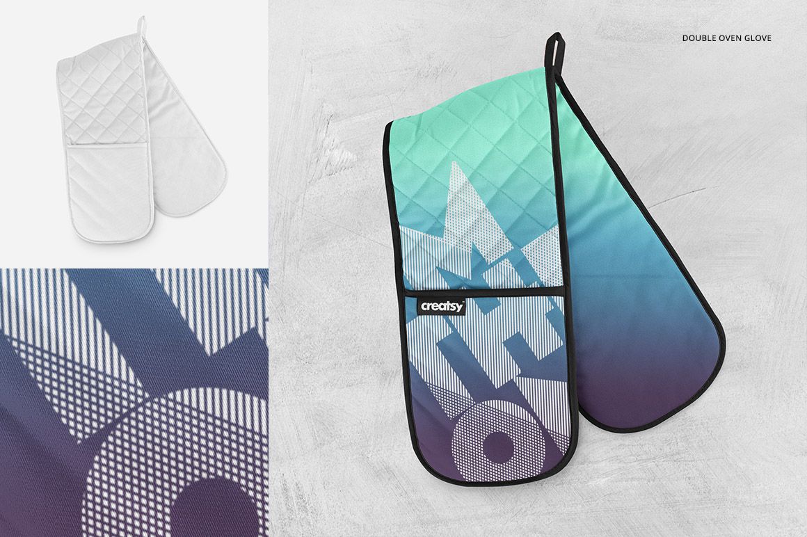 Double oven glove mockup with a quilted texture, featuring a gradient blue and purple geometric pattern on a light background.