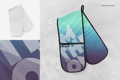 Double oven glove mockup with a quilted texture, featuring a gradient blue and purple geometric pattern on a light background.