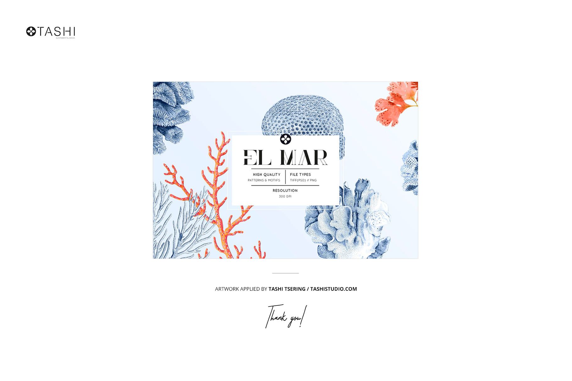 Front view of a bikini PSD mockup featuring a blue and orange coral reef pattern on a white background.