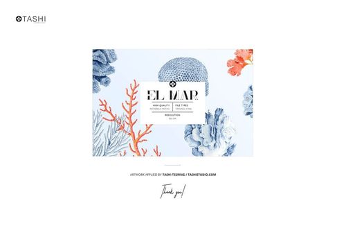 Front view of a bikini PSD mockup featuring a blue and orange coral reef pattern on a white background.