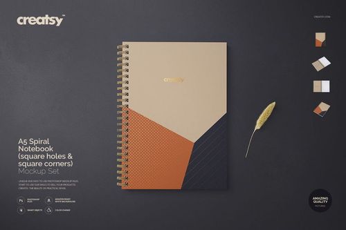 A5 spiral notebook mockup with gold wire binding, beige and orange cover, displayed flat with color swatches nearby.