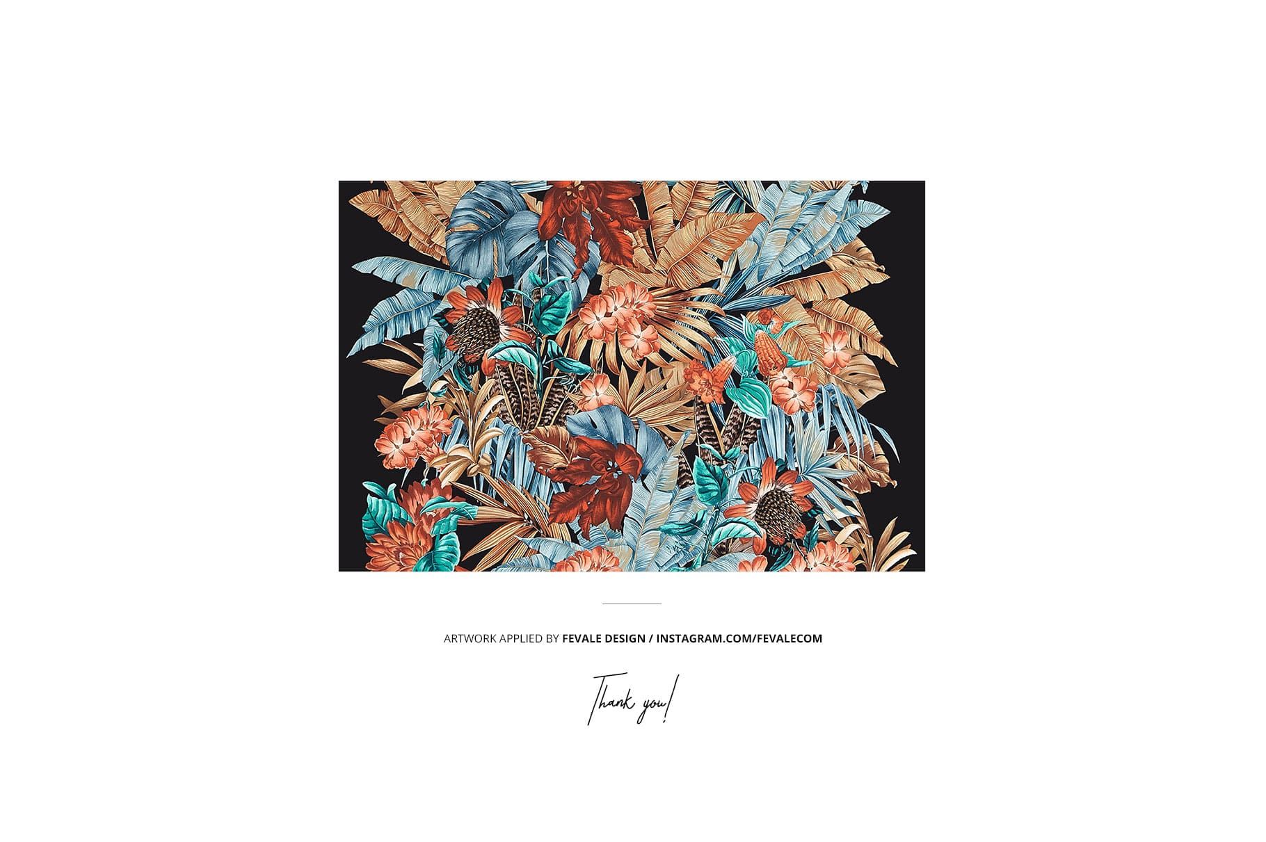 Front view of a neck gaiter mockup with an all-over tropical leaf and flower pattern in orange, blue, and beige tones.