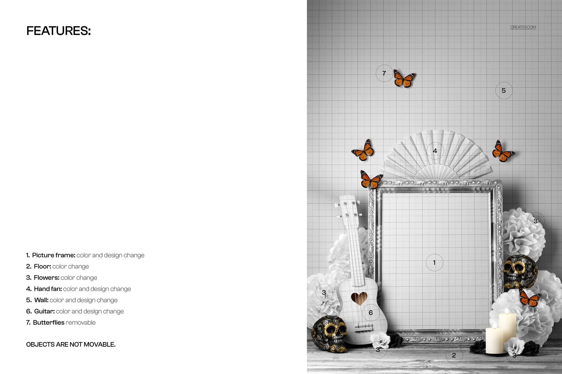 Front view of a Halloween-themed picture frame mockup with ornate details, butterflies, skulls, and a guitar on a textured floor.