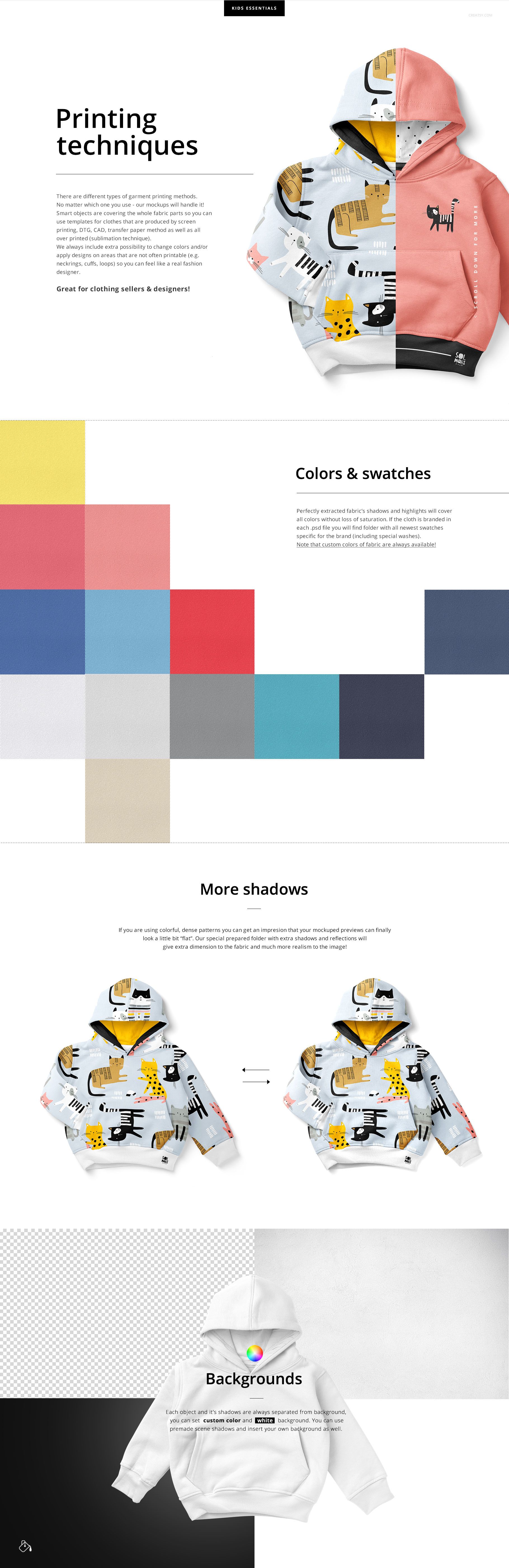 PSD mockup set featuring kids hoodies, shown from the front with colorful patterns and solid color options.