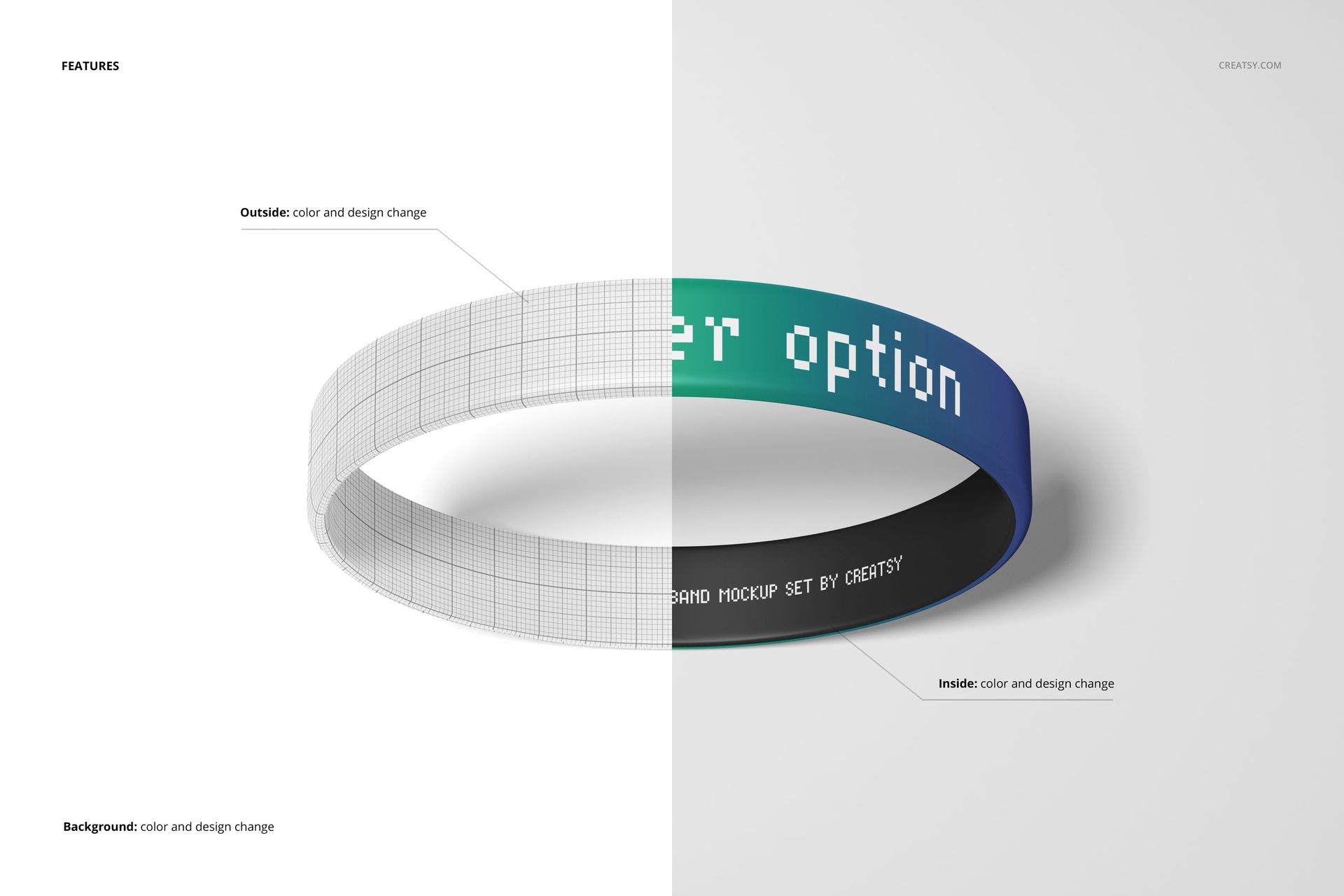Silicone wristband mockup shown in a front view, with half displaying a grid pattern and half a blue digital design.