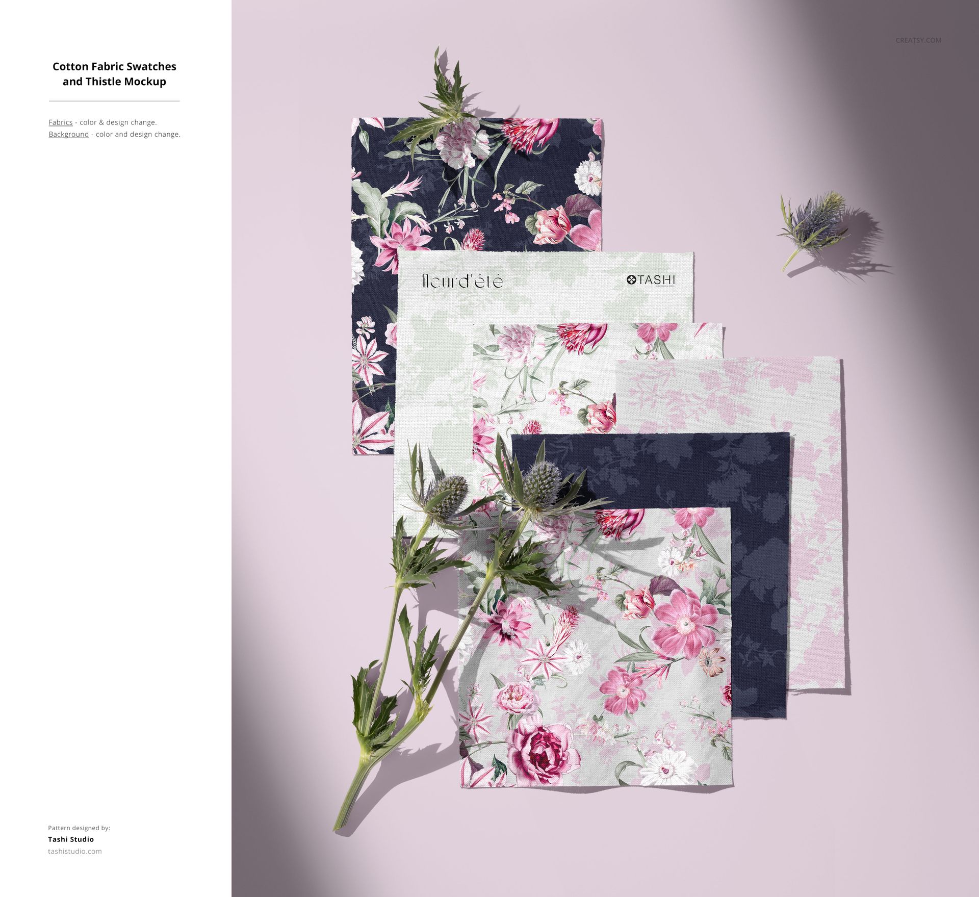 PSD mockup of cotton fabric swatches in pink, navy, and white tones, styled with botanical designs and thistle accents.