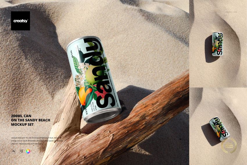 200ml Can on the Sandy Beach Mockup Set - mockup screenshot 1