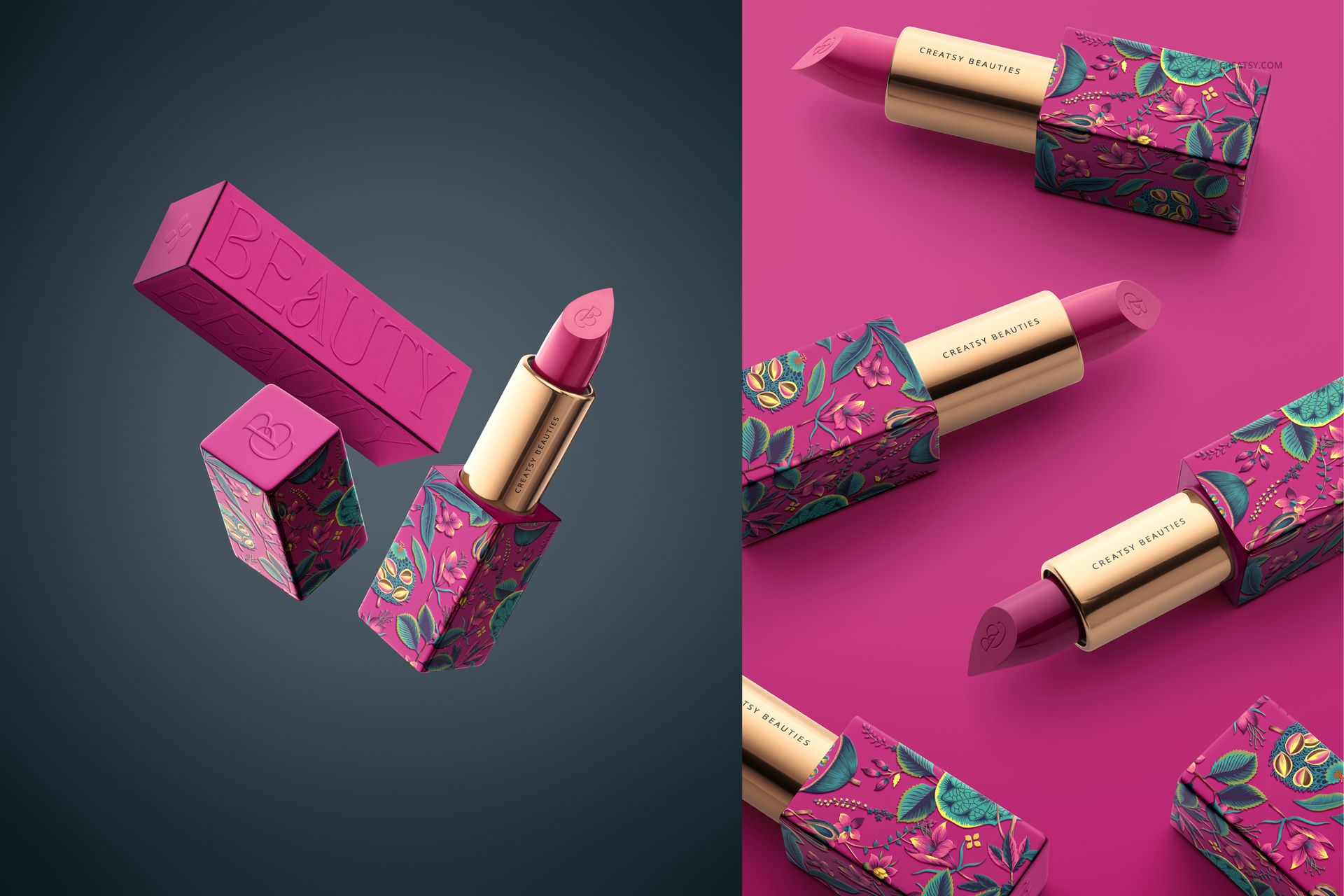 Classic lipstick mockup featuring a pink lipstick in a gold and patterned case, shown both closed and open on a split background.