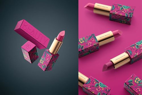 Classic lipstick mockup featuring a pink lipstick in a gold and patterned case, shown both closed and open on a split background.