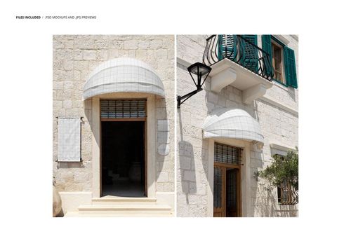Front view of a hotel entrance with a rounded dome canopy and stone walls, shown in a PSD mockup scene.
