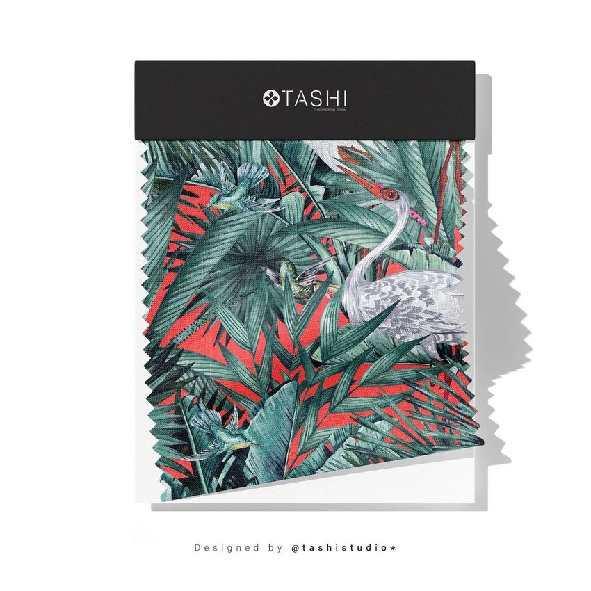 Fabric swatches mockup featuring a tropical pattern with green palm leaves and a white bird on a red background, viewed from above.