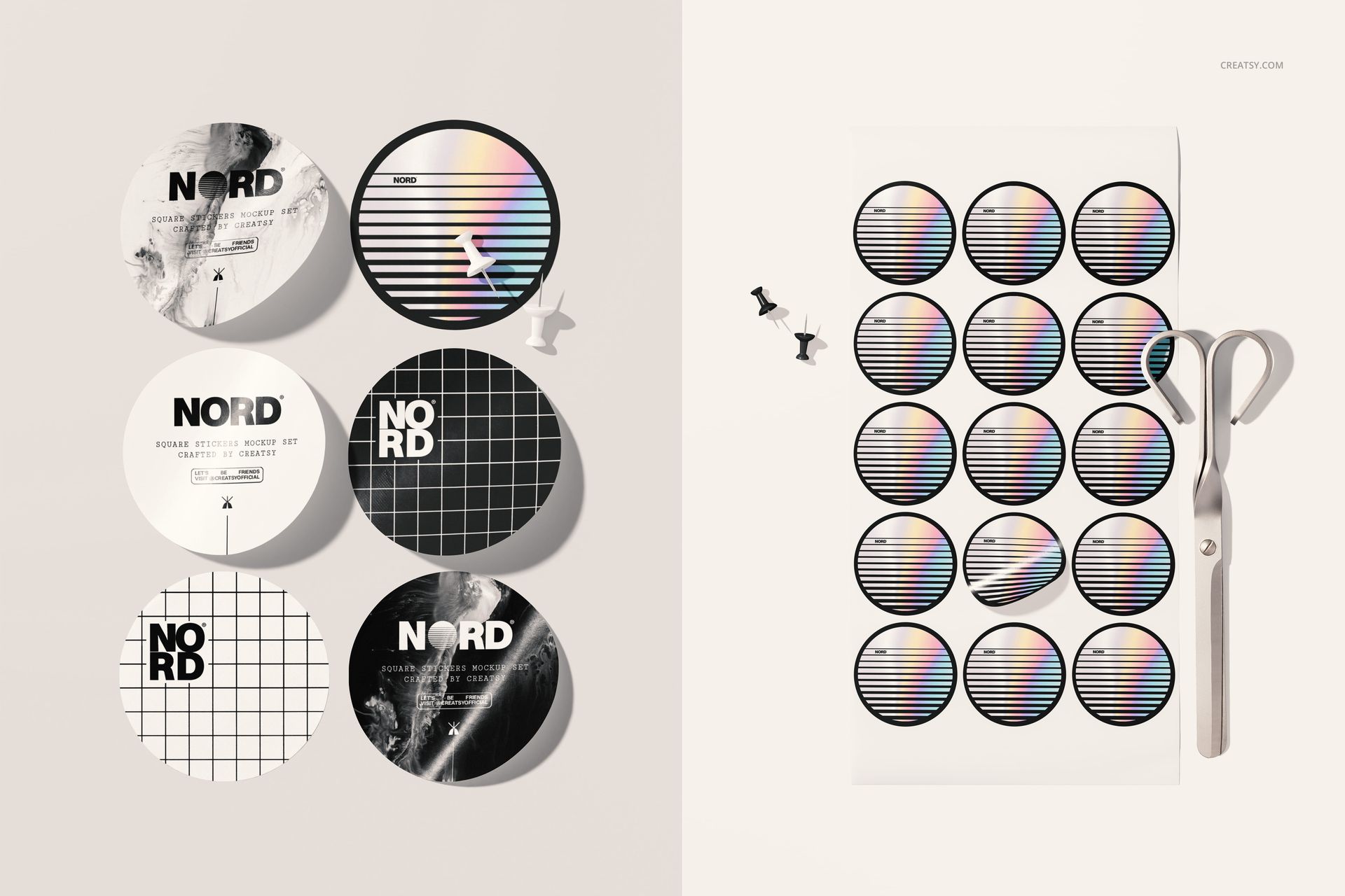 PSD mockup of circular stickers in monochrome and iridescent styles arranged on a light background with office accessories.
