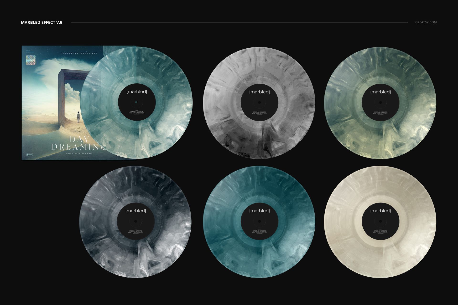 PSD mockup showing a collection of colored marbled vinyl records and a cover, arranged on a dark surface.