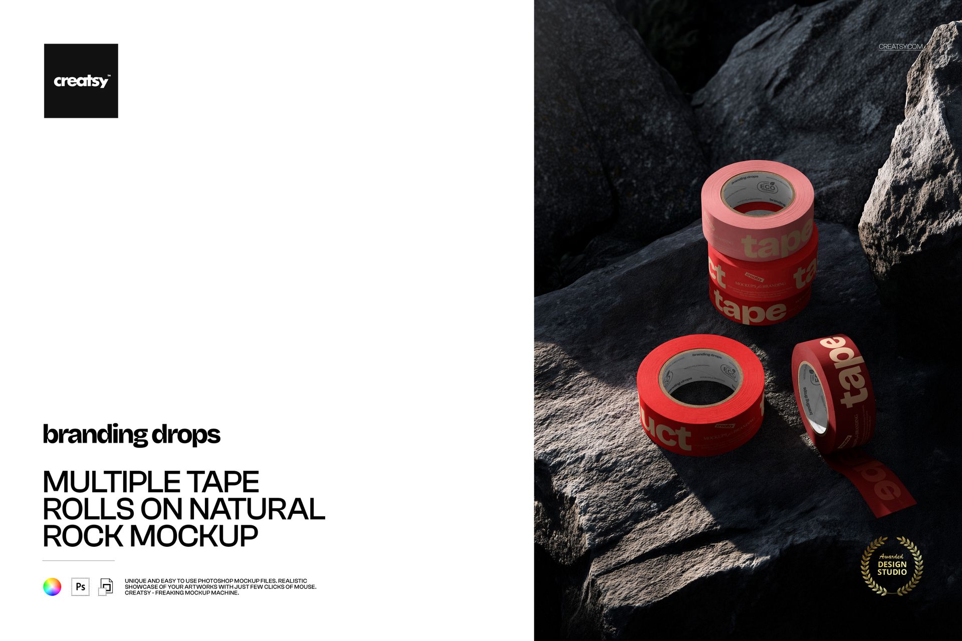 PSD mockup showing several red tape rolls with white writing resting on textured natural rocks in daylight.