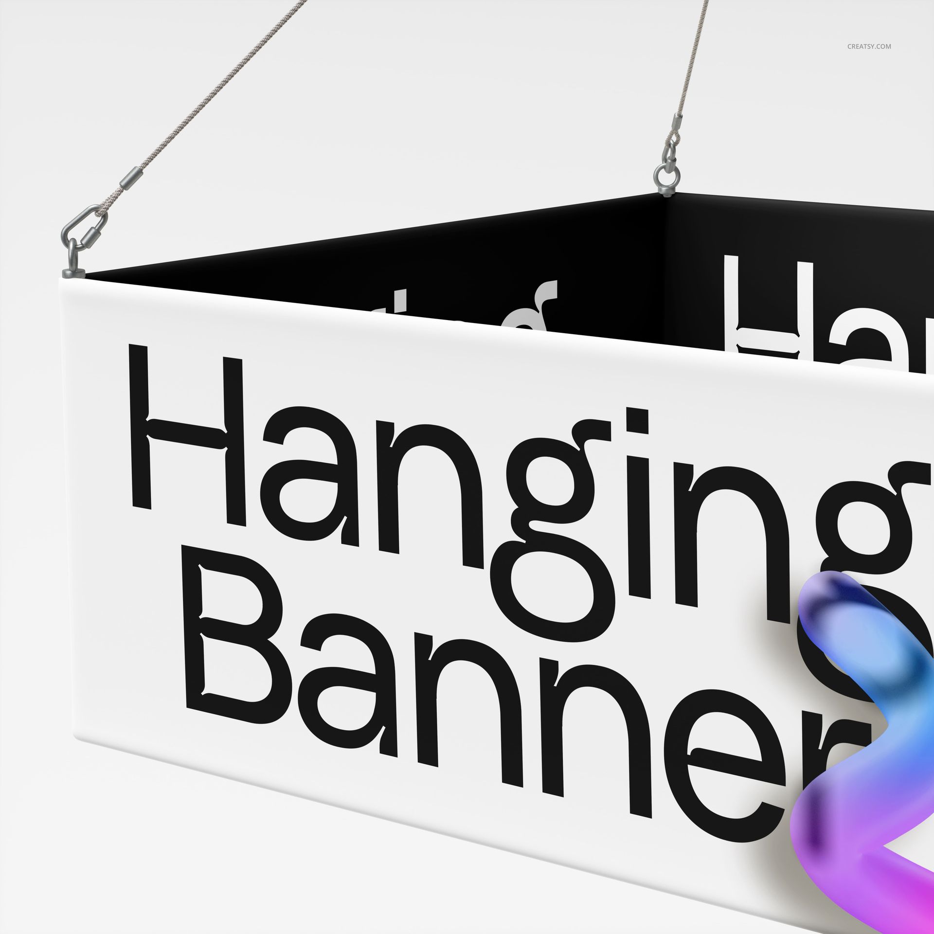 Close-up view of a square hanging display banner mockup with bold black text on a white background, suspended by metal cables.