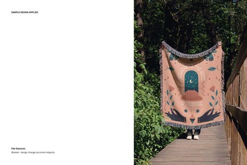 Jacquard fringed woven throw blanket mockup displayed outdoors, featuring earthy tones and botanical motifs.