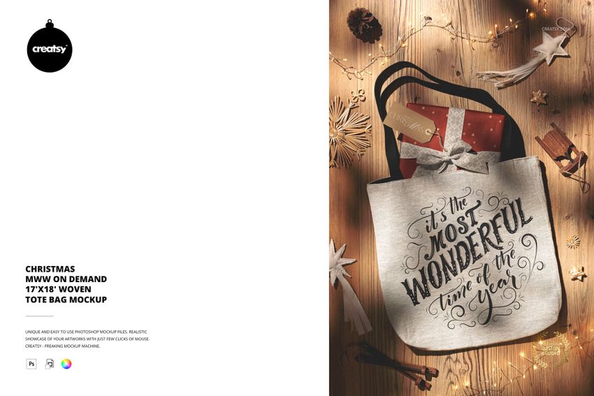 Christmas-themed woven tote bag mockup featuring calligraphy design, surrounded by twinkling lights and seasonal ornaments.