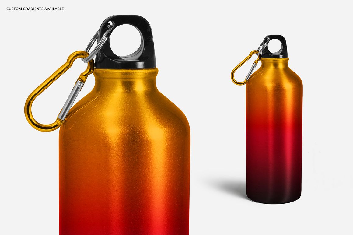 Close-up view of an aluminium water bottle mockup featuring a black cap and carabiner, with vibrant gradient colors.
