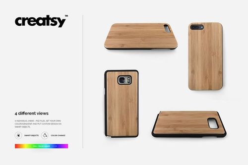 Wooden phone case mockup showing four different views of Samsung and iPhone models on a plain white background.