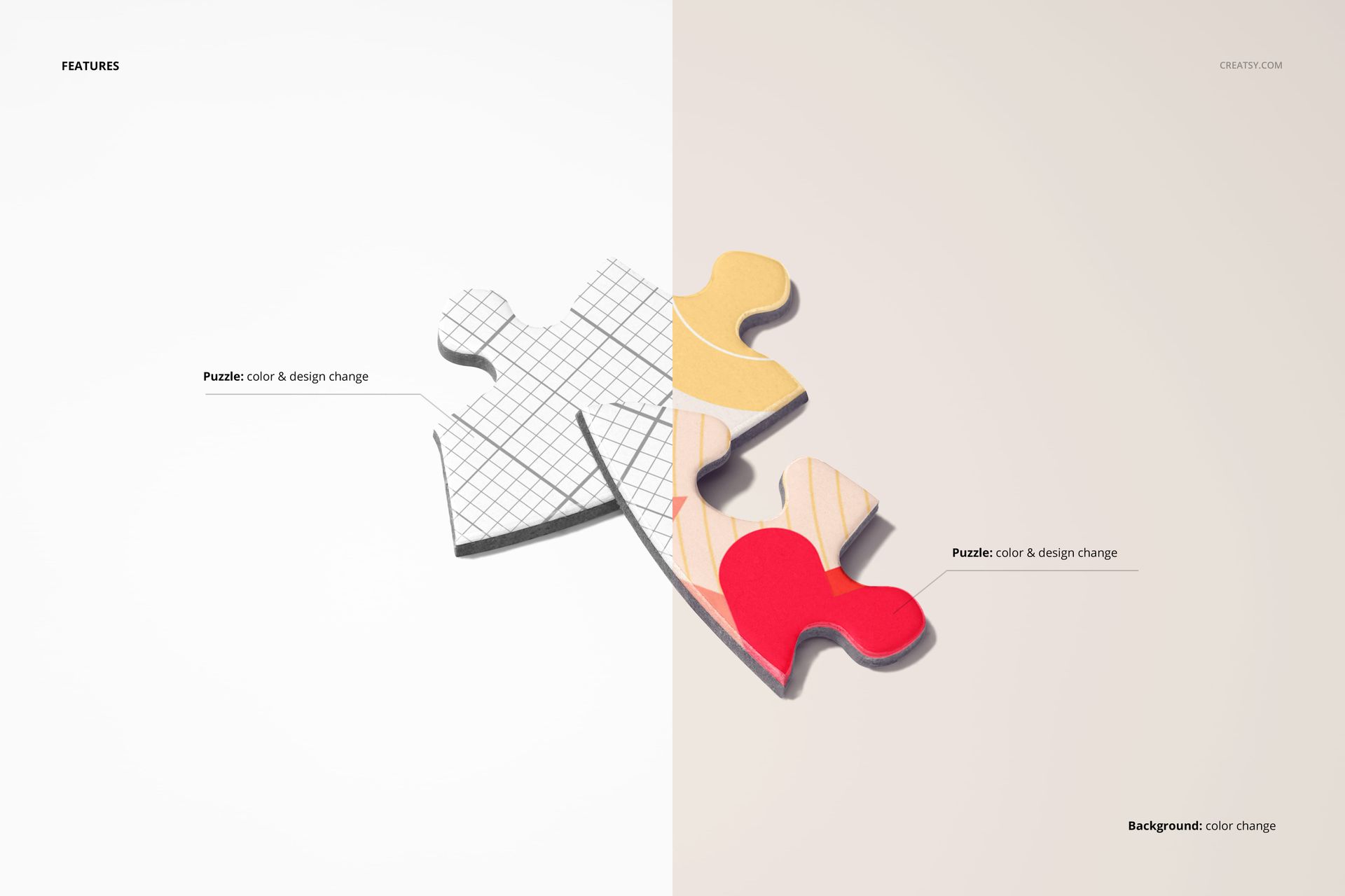 Single heart-shaped jigsaw puzzle piece mockup shown from a top view, split into two color and design variations.