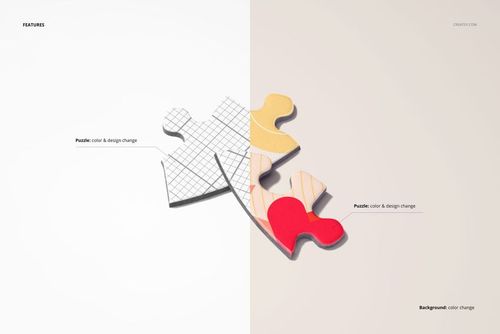 Single heart-shaped jigsaw puzzle piece mockup shown from a top view, split into two color and design variations.