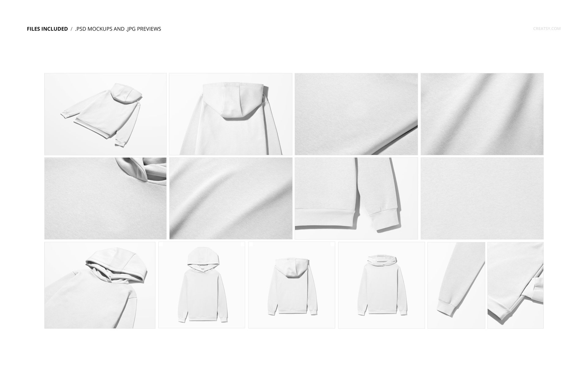 Oversized hoodie mockup set featuring large hood, shown in various angles and close-ups on a white background.