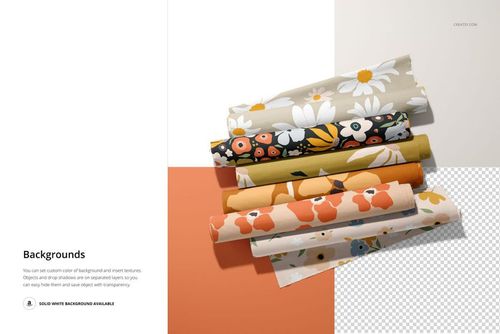PSD mockup showing fabric rolls in various patterns and colors, displayed on a white and transparent background.