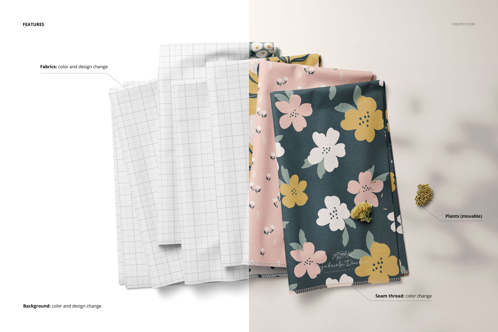 Folded fabrics mockup featuring colorful floral and grid designs, displayed in a layered arrangement from above.