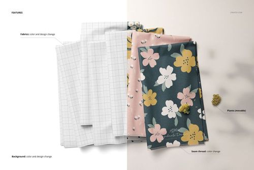 Folded fabrics mockup featuring colorful floral and grid designs, displayed in a layered arrangement from above.