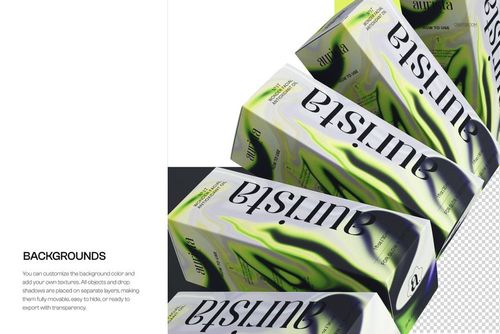 PSD mockup displaying a lineup of packaging boxes with abstract green and black patterns, viewed from a front diagonal angle.