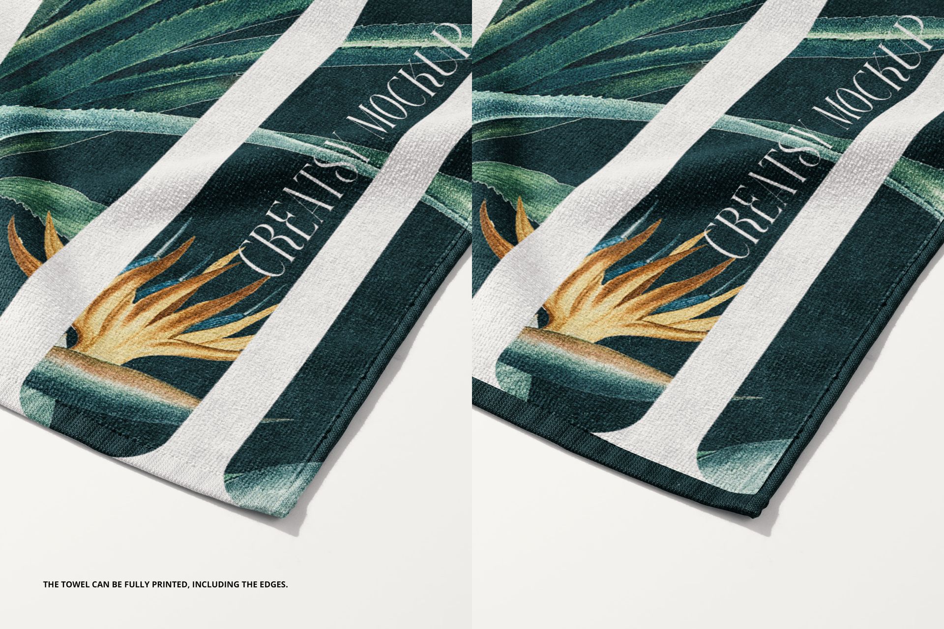 Detailed PSD mockup of a beach towel featuring leafy green and yellow design with white stripes on a light surface.
