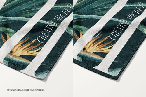 Detailed PSD mockup of a beach towel featuring leafy green and yellow design with white stripes on a light surface.