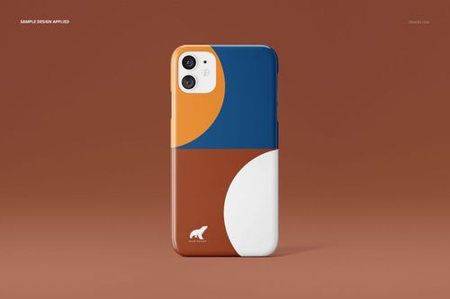 Mockup of iPhone 11 case with glossy finish, displaying bold geometric patterns on a brown background, front perspective.