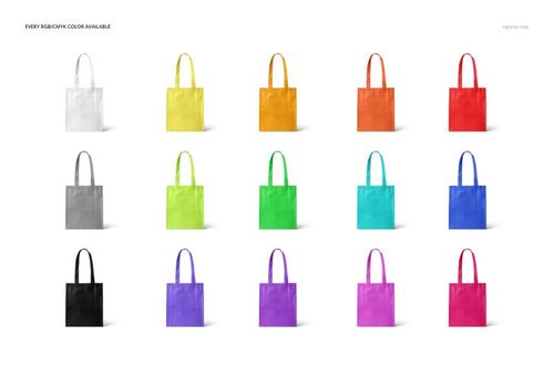PSD mockup set featuring laminated non-woven tote bags in multiple bright and neutral colors, displayed in rows.