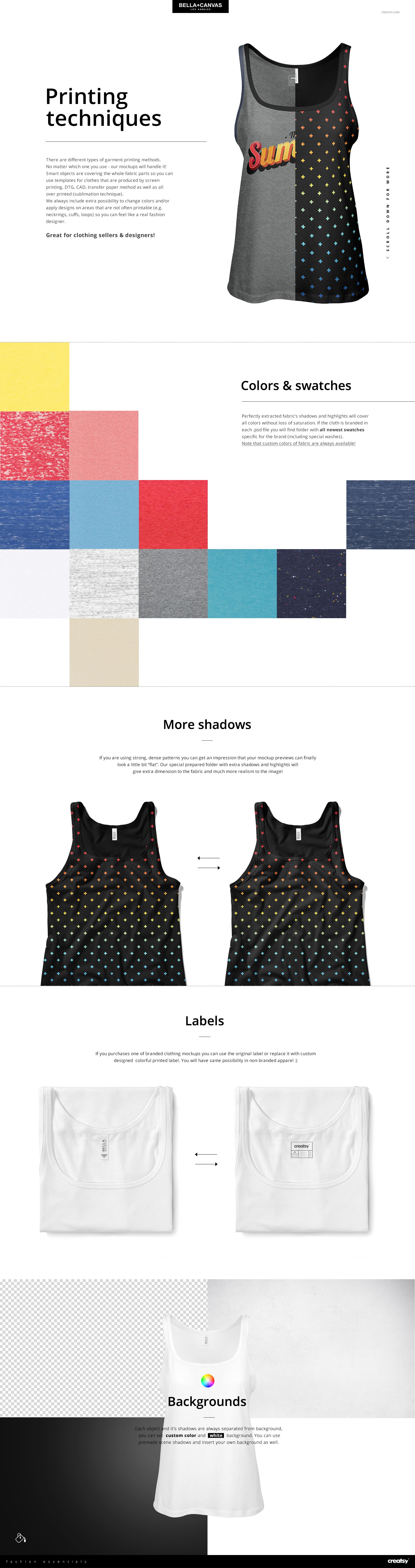 Women's relaxed jersey tank top mockup with a front view, featuring a dark base color and dotted pattern design.