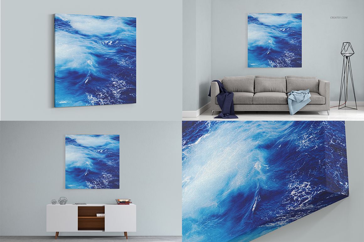 Canvas print mockup featuring an abstract blue ocean design, shown in various room settings and close-up views.
