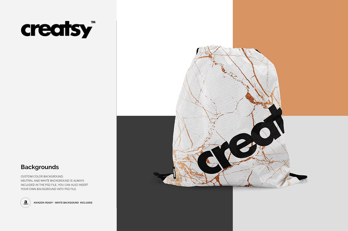 Front view of a drawstring bag mockup featuring a marble pattern and bold black text, set against a color-blocked backdrop.