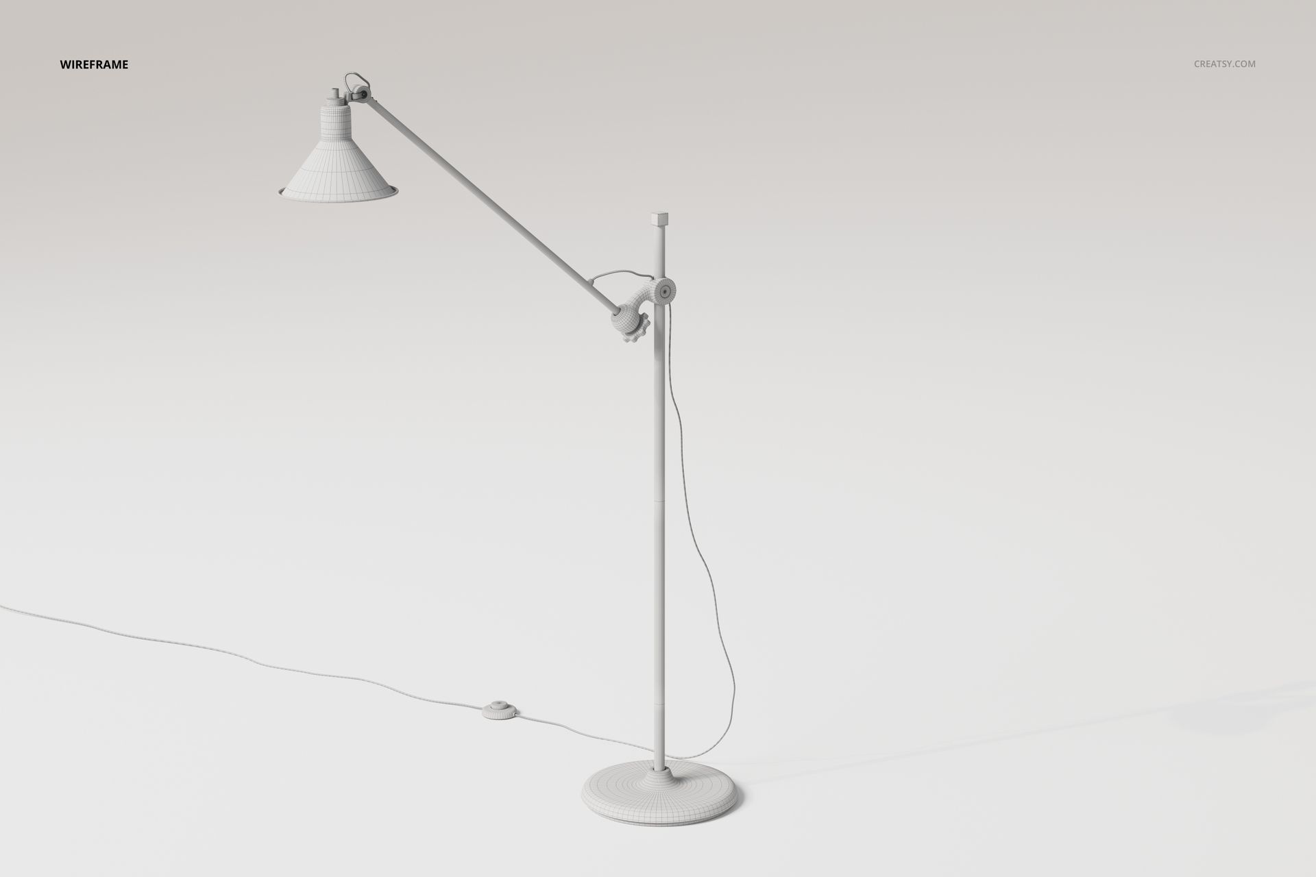 Adjustable industrial floor lamp with a long arm and round base in a wireframe style, shown from a side view.