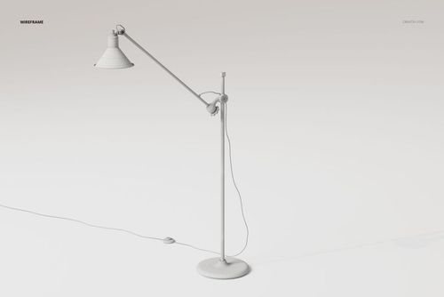 Adjustable industrial floor lamp with a long arm and round base in a wireframe style, shown from a side view.