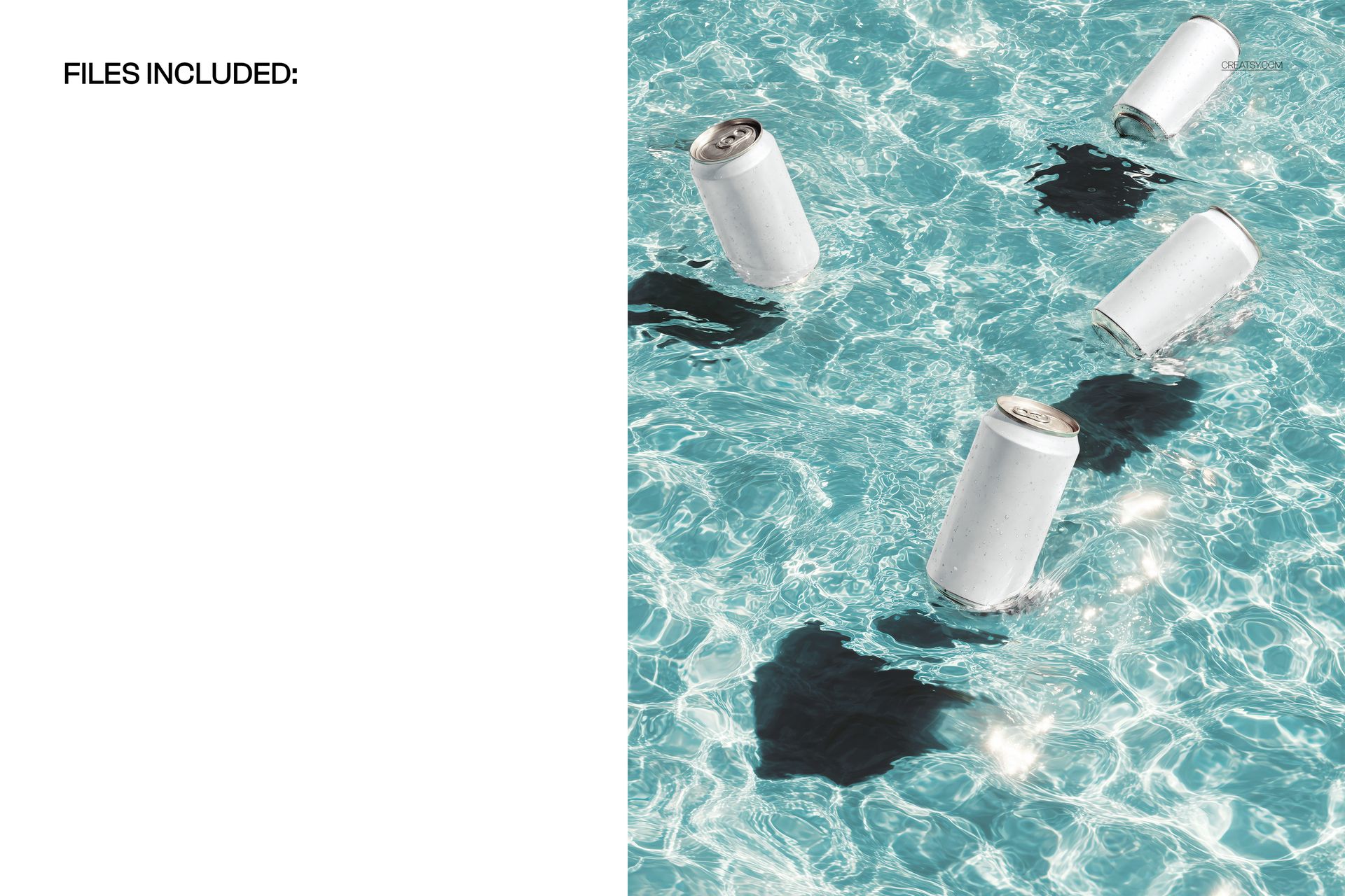 PSD mockup showing several blank cans drifting in a swimming pool, with strong dark shadows beneath each can.