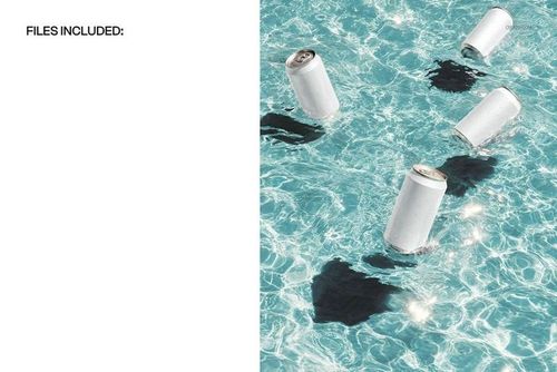 PSD mockup showing several blank cans drifting in a swimming pool, with strong dark shadows beneath each can.