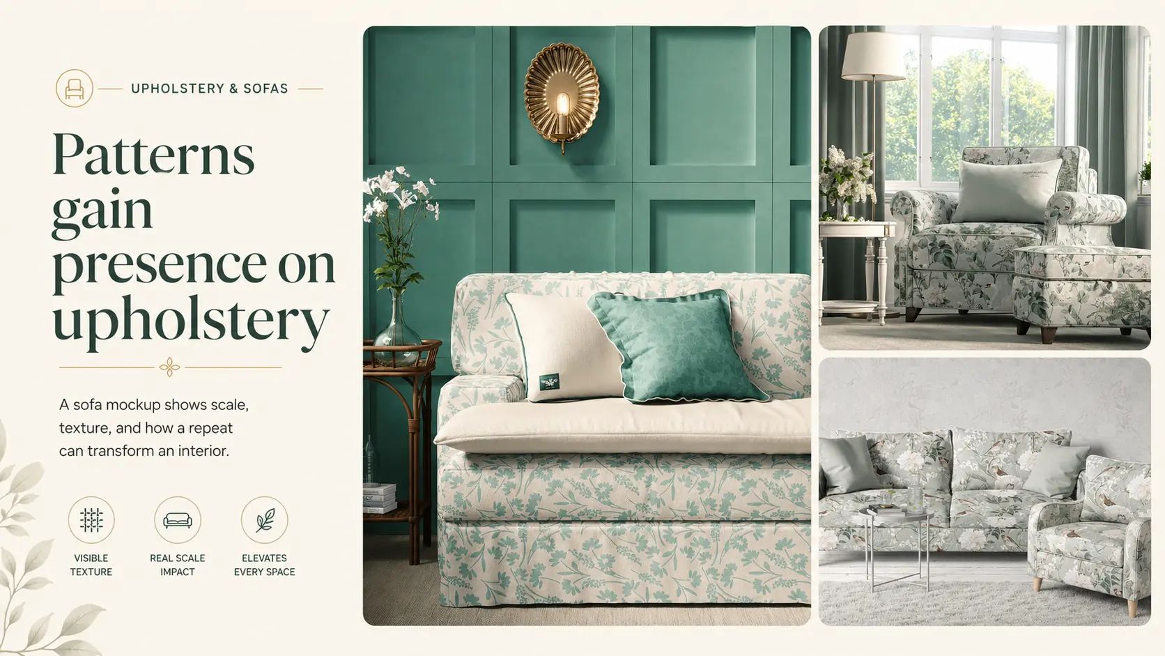A botanical pattern on an upholstered sofa and matching armchairs in a green-panelled living room