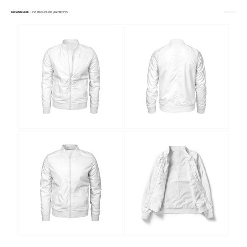 Men's bomber jacket mockup set showing four views: front, back, buttoned front, and open jacket with visible lining.